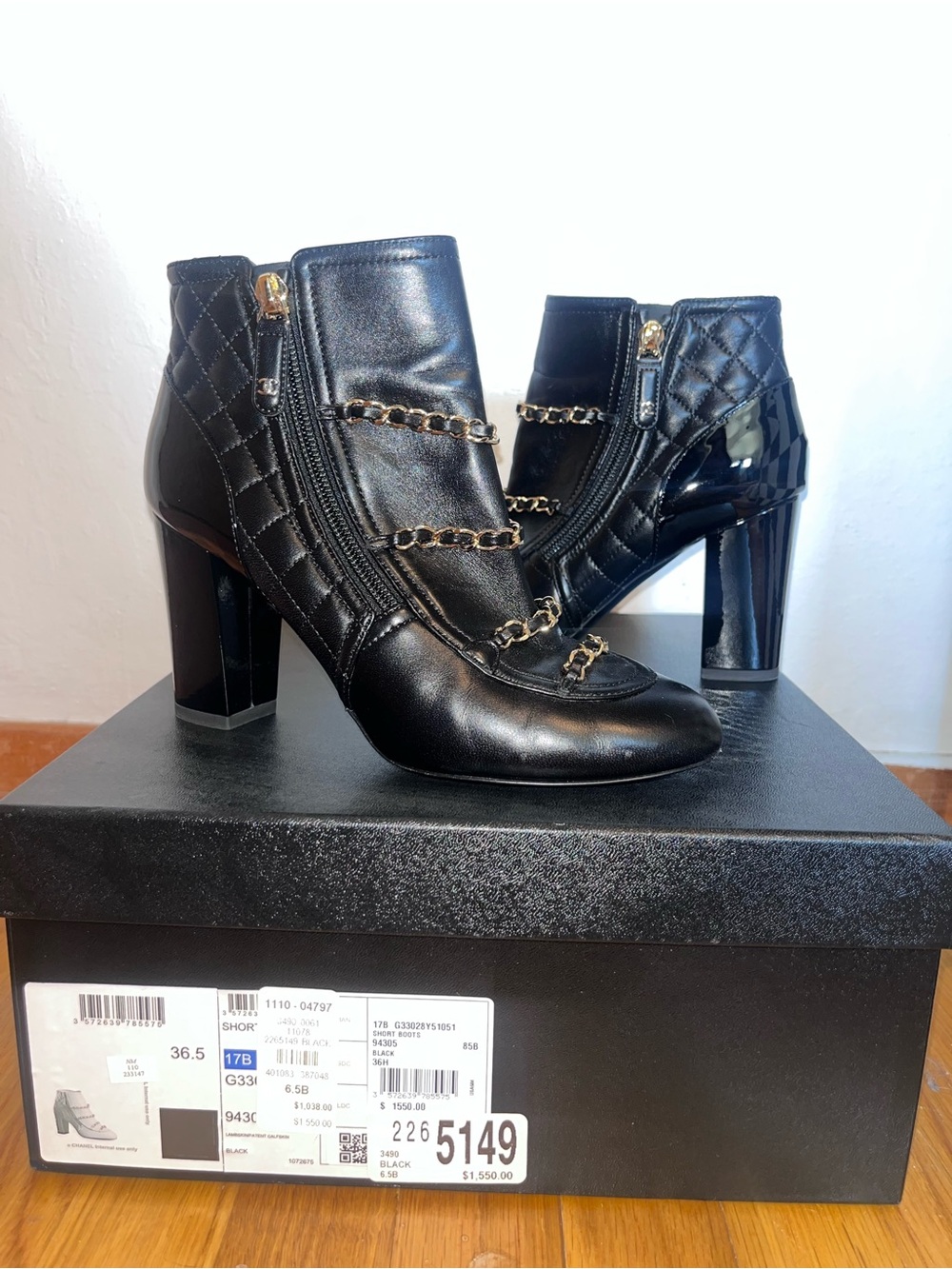 Chanel Black Quilted Chain-Accent Ankle Boots
